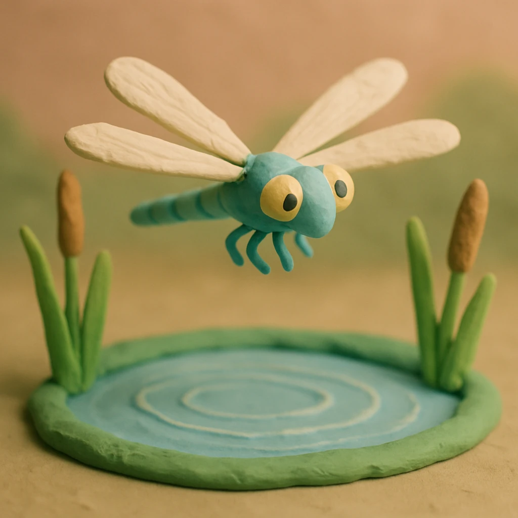 claymation style dragonfly hovering above a pond, soft pastel colors, visible wings and water reflections emoji