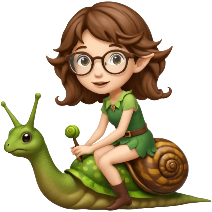 tiny forest elf woman brown wavy hair glasses riding a snail emoji