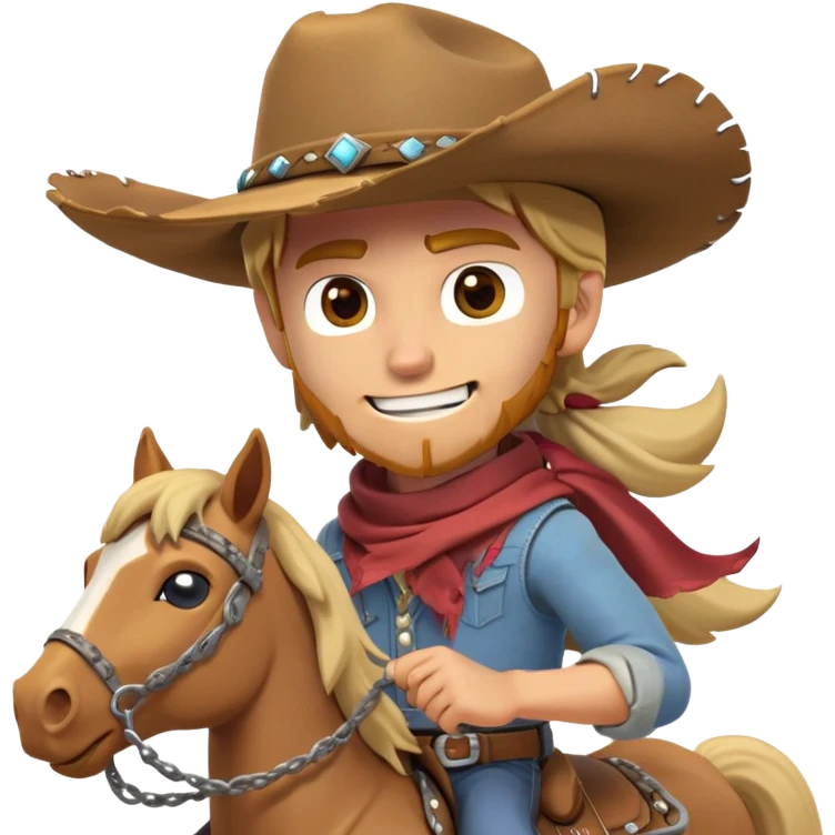 clash-of-clans-aesthetic_-cinematic-playful-cowboy-portrait-emoji, head-tilted with a roguish, cheeky grin and twinkling eyes, featuring a wide-brimmed cowboy hat and a weathered bandana on tan skin, riding a powerful galloping horse with dynamic flowing mane, reins gripped firmly in one hand and a lasso in the other, as dust swirls behind them in a vast desert landscape. emoji