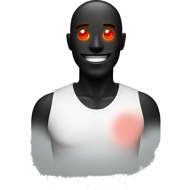 A man with a happy face but a black figure behind him with a red glowing eye emoji