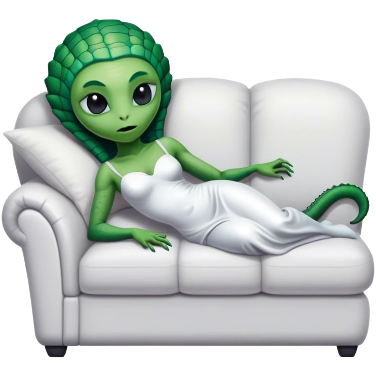 a reptilian alien woman, in white dress, lie on couch comfy, full figure emoji