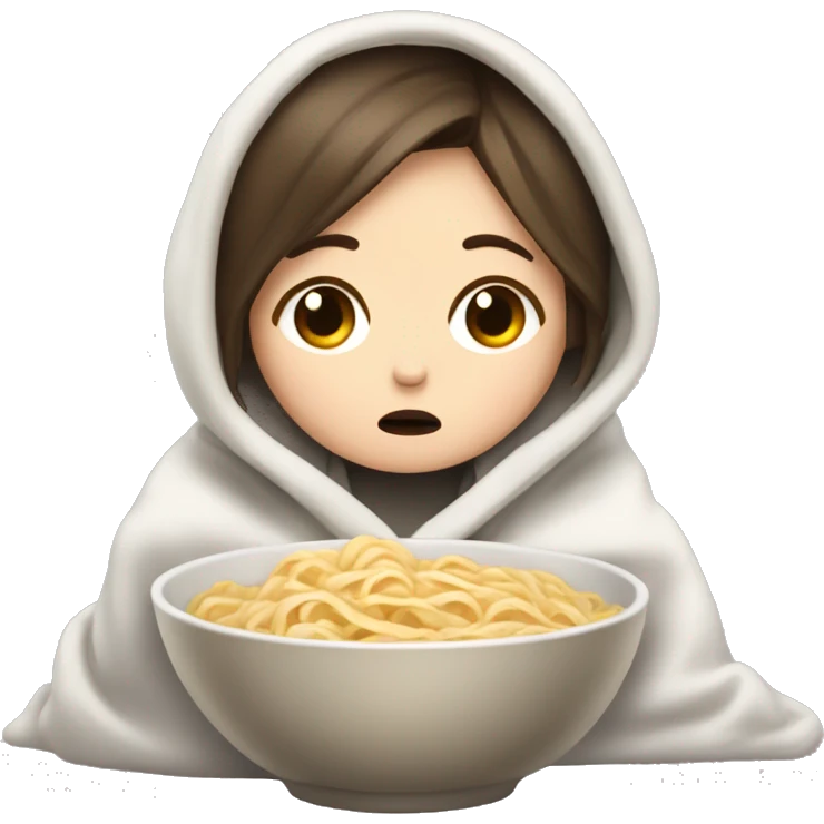 brunette white girl crying eating ramen noodles while swaddled in a blanket  emoji
