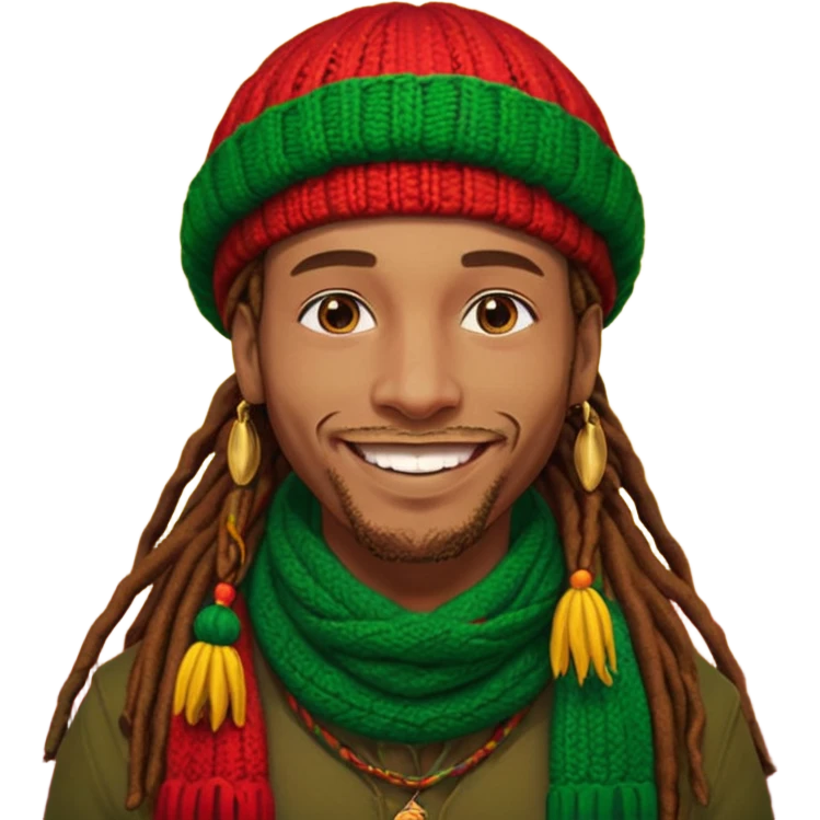 Create a powerful illustrated portrait of a smiling man with long dreadlocks, wearing a colorful red, gold, and green knitted tam. The background has jungle leaves and warm lighting. Style: vibrant digital art, modern, bold lines, reggae vibe. With a Amsterdam colour scarf around his neck emoji