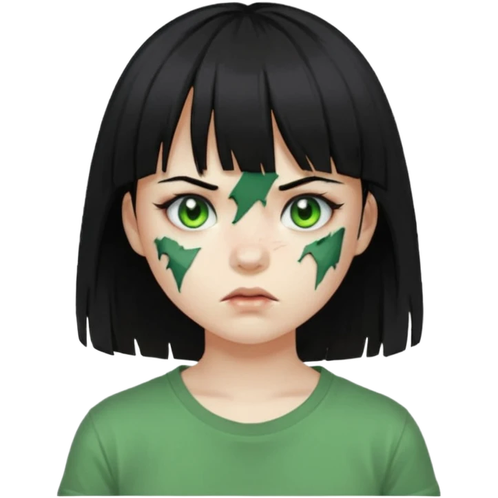 Garota de cabelo preto com franja com a pele verde e ferimentos expostos na cara, usa uma camiseta branca rasgada e suja de poeira  emoji