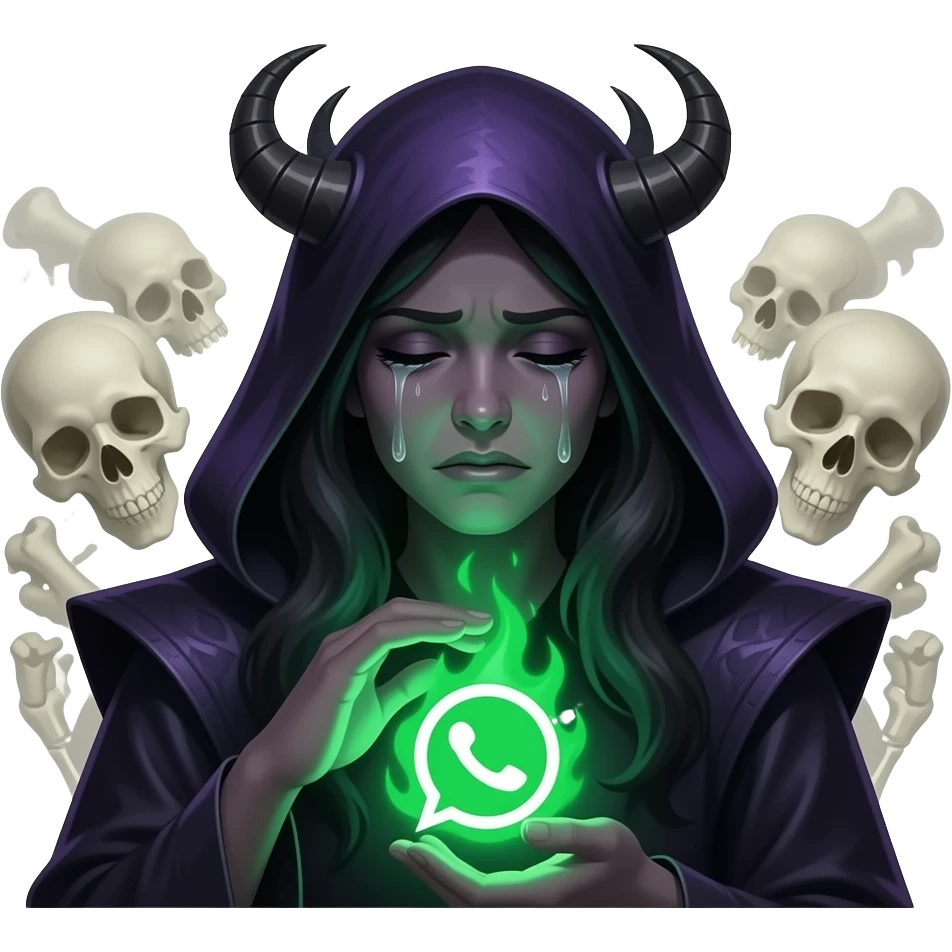 A dark sorcerer’s evil woman is crying expression, she is hand holding a WhatsApp logo burning with green magical flames. A liquid creams text below: 'HAVE YOU MOVED HERE?'. Cinematic lighting, high-contrast emoji, disgusting, dead, valley of head bones in background emoji