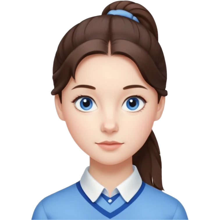 Realistic Student Portrait, with porcelain-like skin featuring a natural rosy flush, illuminated by soft lighting that highlights the gentle contours of her face. Her Brunette pony tail hair flows in soft, Her deep blue eyes radiate warmth and innocence,  wear light blue preppy style. emoji