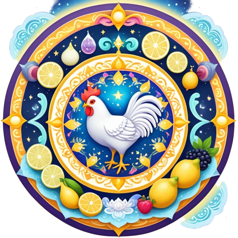 Celestial fitness mandala with magical water and lemon at center, surrounded by orbiting enchanted elements: radiant sun, glowing chicken and rice, sparkling gym weights, ethereal yogurt, twinkling fruits, and mystical sleep moon, all connected by cosmic energy flows and starry aura emoji