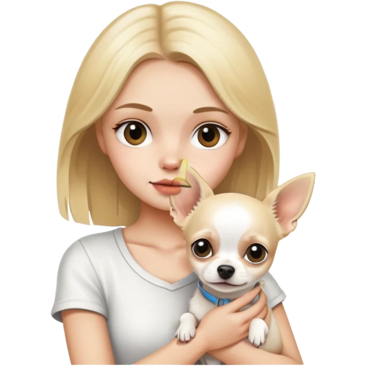 A dirty blonde girl holding a white chihuahua emoji