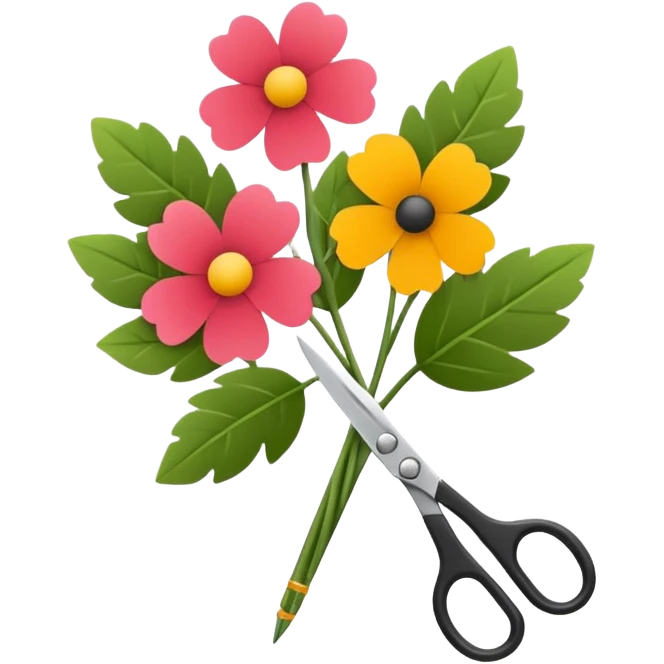 Minimalistic flat vector icon, iOS style, thin black contour on white background. Flower bouquet with leaves and scissors. No text, no shadows. emoji