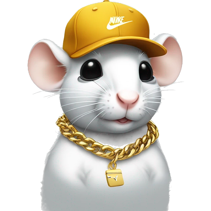 A white rat wearing a Nike cap with sunglasses and gold chains making a like gesture emoji