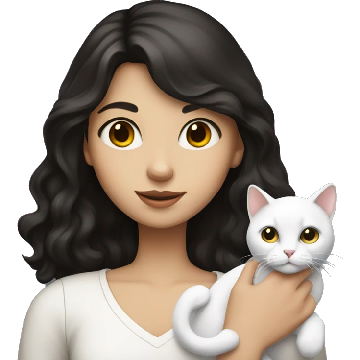 a girl with dark hair and a white cat in her hand emoji
