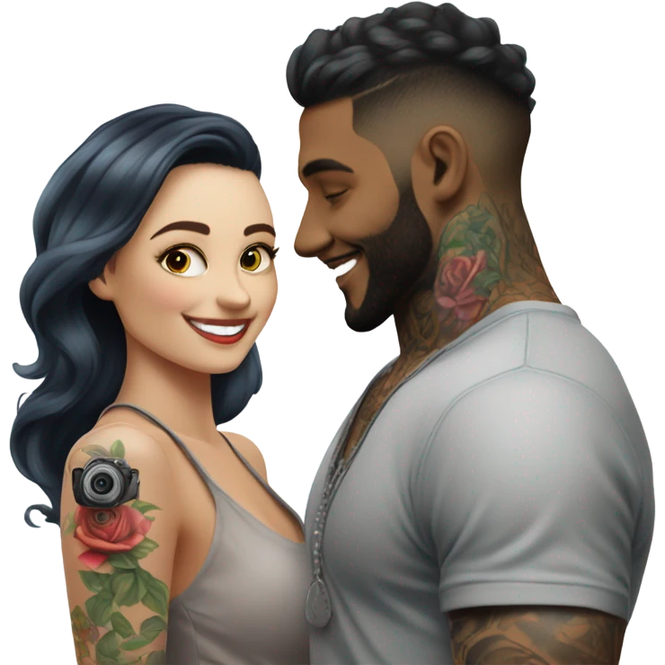 Photo Female model smiling at a very handsome tattooed man taking pictures  emoji