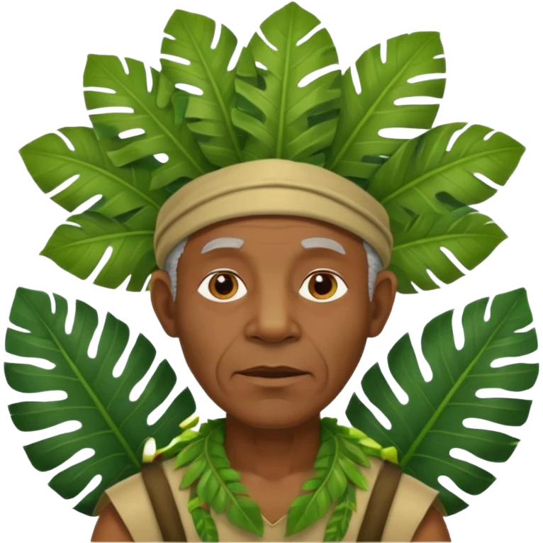 a old black man with jungle wearing a large leaf headgear bye  emoji