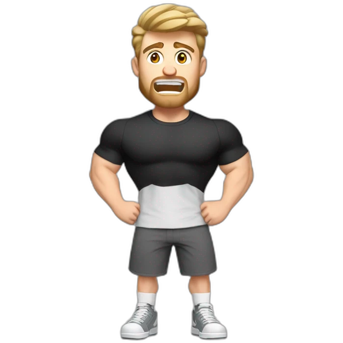 amazed Open with surprise mouth Pale skinned Fit Man With the biceps and dark brown hair in black shirt, gray sports shorts and white Sneakers emoji