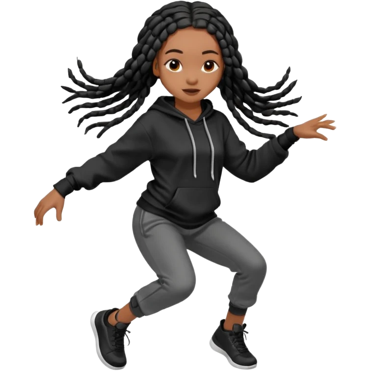 African American girls with long black box braids wearing plain black hoodie with hands dancing emoji