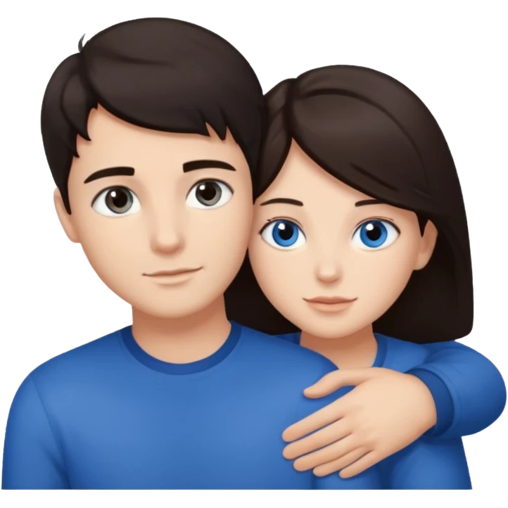  Chłopak z ciemnymi włosami z brązowymi oczami przytulający się do brunetki z niebieskimi oczami emoji