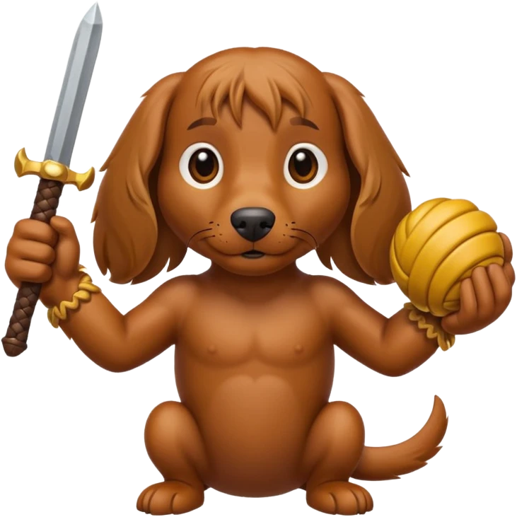 Brown long haired weiner dog holding monkey fist weapons emoji