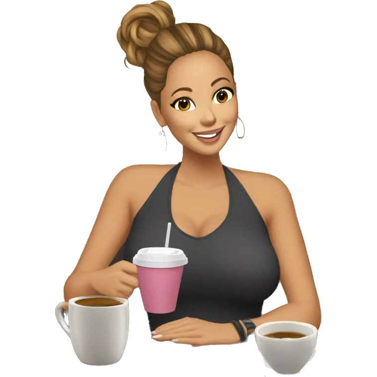 Mariah carey full body messy bun drinking a coffee,e, emoji
