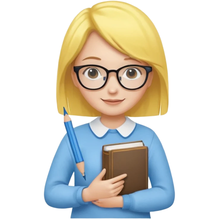 A smart and cute girl with yellow bobbed hair, wearing sky blue clothes,
I hold a book in one arm. There is a pen in the book.
He is wearing black-rimmed glasses and smiling brightly. emoji