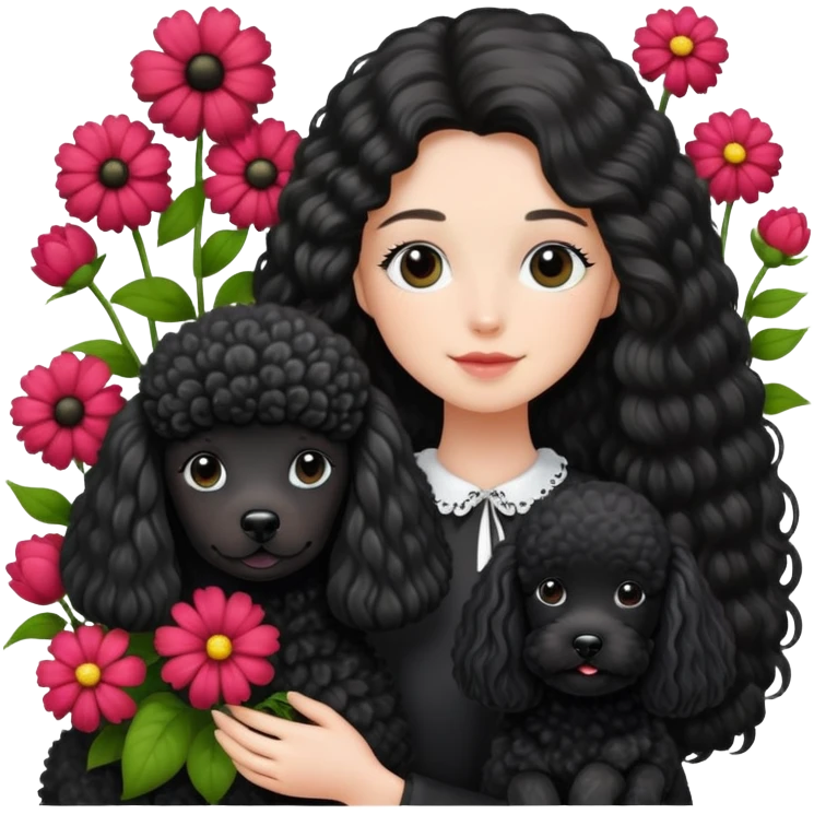 Long-haired girl holding a black poodle among flowers emoji