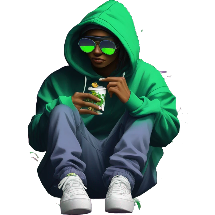 Multicoloured neon black green graffiti person smoking wearing hoodie dancing hip hop bucket hat tropical Skater fashion aesthetic baggy clothes graphic t shirt 420 emoji