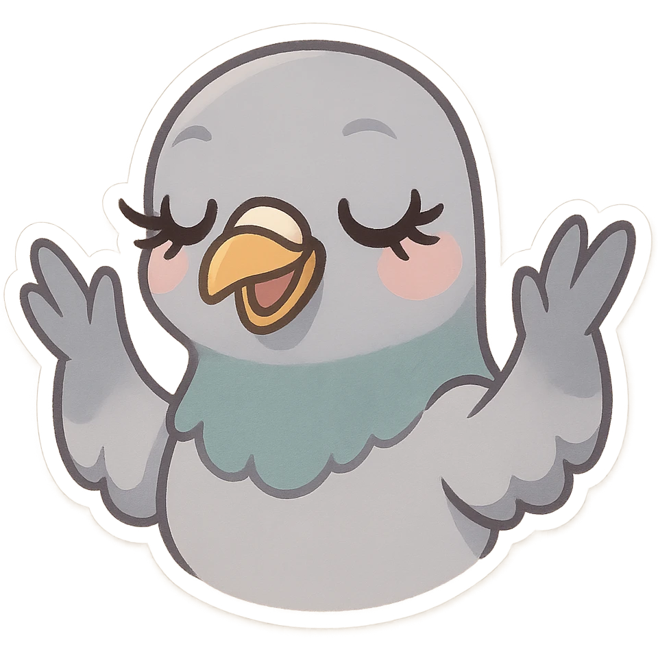 pigeon head, big lashes, hands up in a celebratory 'yasss' gesture, cartoon vibe emoji