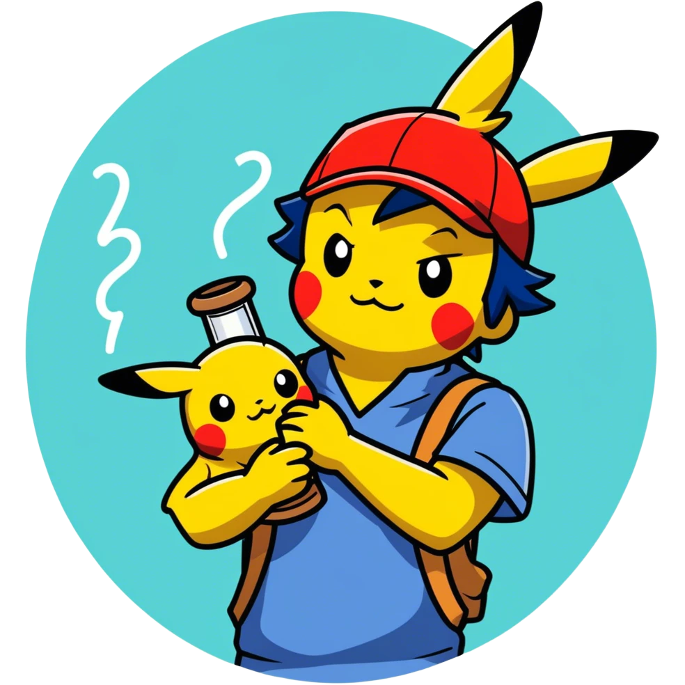 21 yo Handsome Ash Ketchum using a bong with picachu on his head emoji