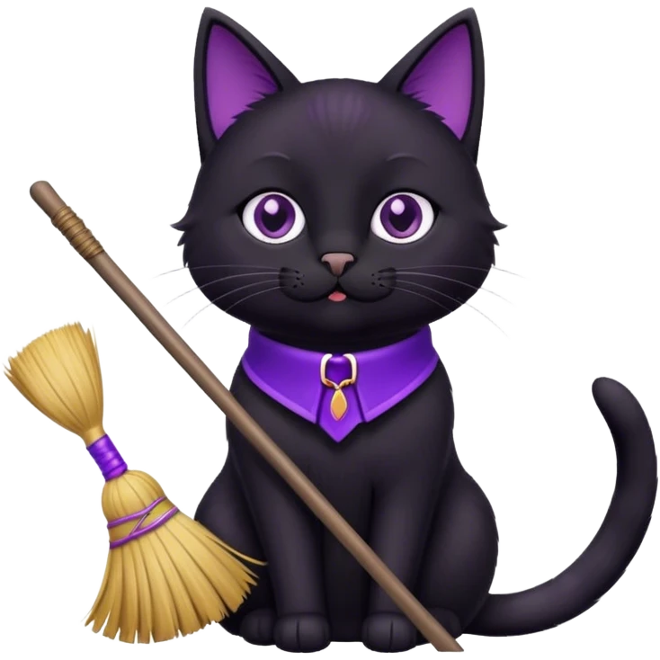 cute black cat with a broom, purple collar emoji