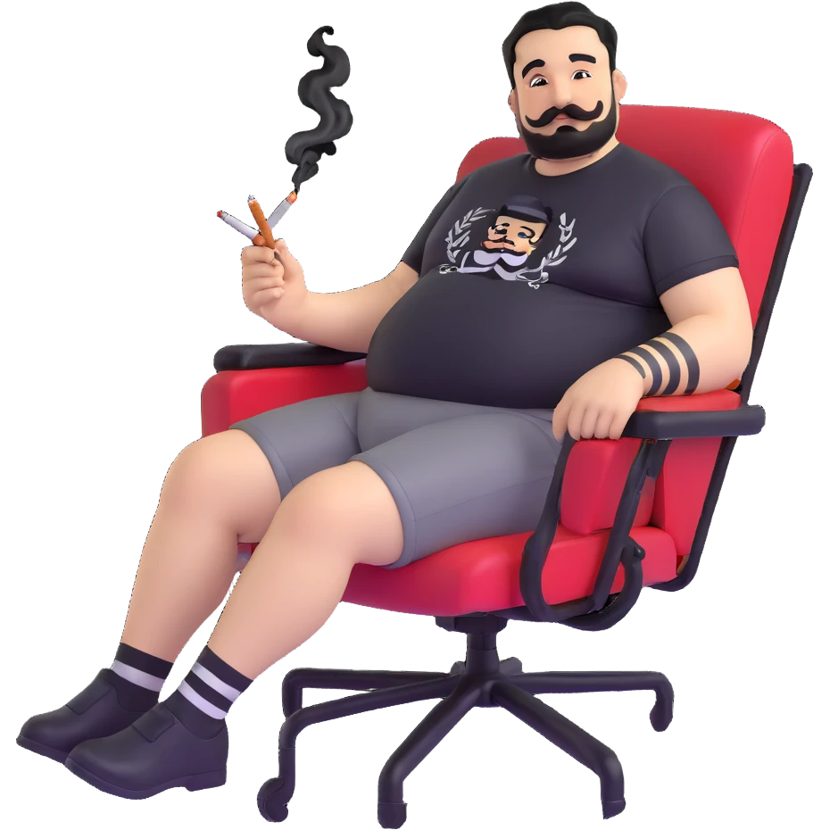 Large man reclining in chair, legs spread, smoking a cigarette, round face, very short black hair, well-groomed beard with mustache, light skin, black t-shirt with light stripes at top riding up to show belly, black shorts, arms covered in black graphic tattoo patterns with designs visible on forearms and shoulders emoji