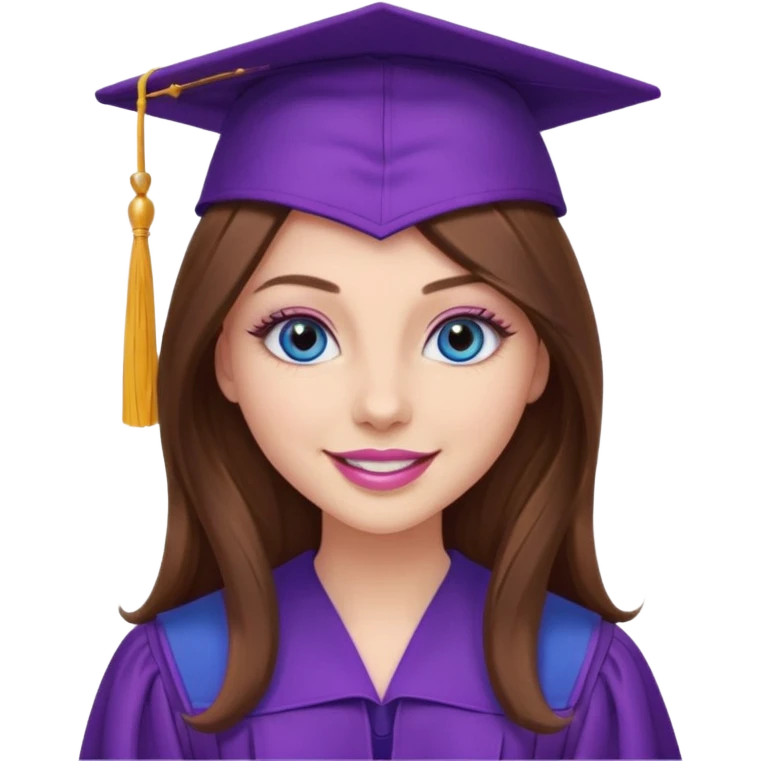 girl with gorgeous long brown hair, blue eyes, long lashes makeup, sexy pink lips, wearing a purple graduation cap and gown emoji