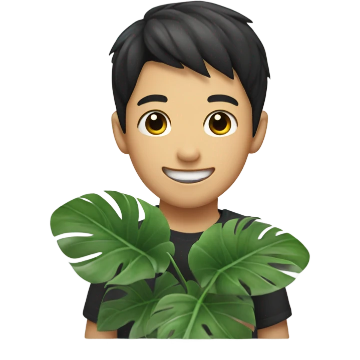 Smiling asian boy with black hair holding a monstera plant emoji