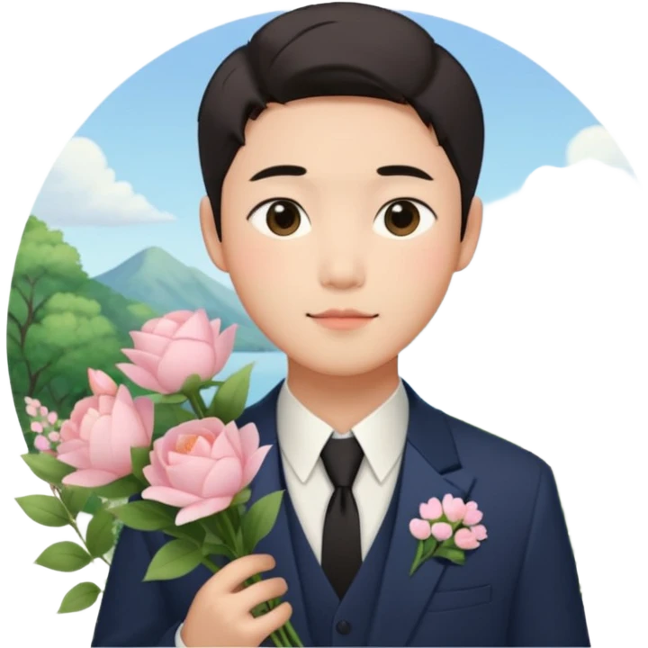 Gorgeous romantic anime style Asian formal modern shojo guy with flowers and blushing face aesthetic trending style cottagecore pastelcore outside  emoji