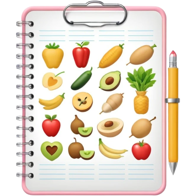 Emoji of checklist notebook with healthy food icons, nutrition planning, flat minimal emoji, pastel colors emoji