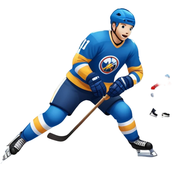An icon featuring a hockey player in action, skating with a stick and puck on a fast-paced ice rink. The background shows a packed stadium with cheering fans, bright lights, and a snowy landscape visible through the arena's windows. Transparent background captures the excitement. emoji