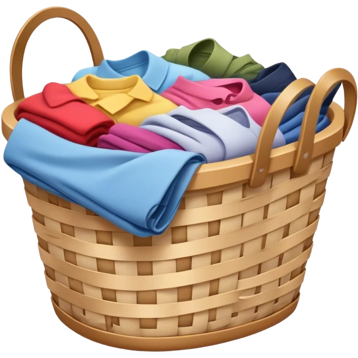 A laundry basket filled with clothes, some neatly folded and others piled up. The basket is made of plastic or woven material, with handles on the sides emoji