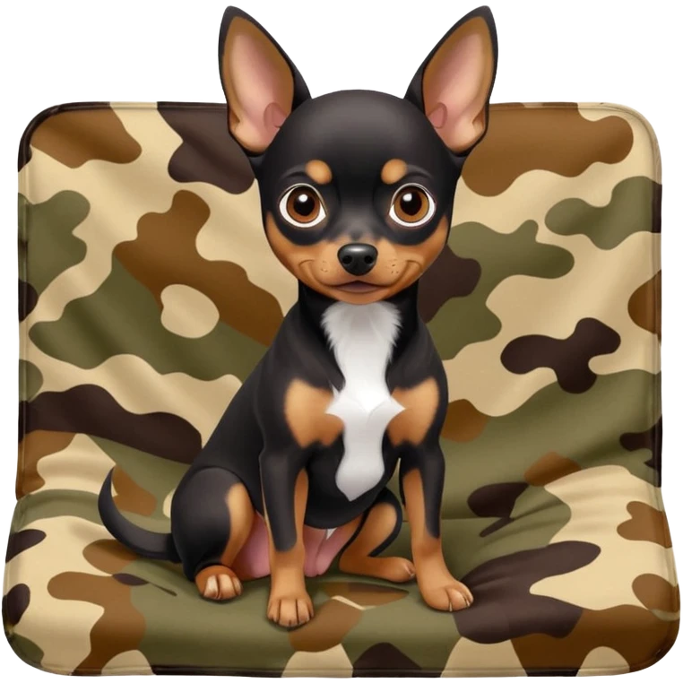 Miniature Pinscher Chihuahua mix dog with a dark coat sitting on a camouflage blanket, cute and expressive emoji