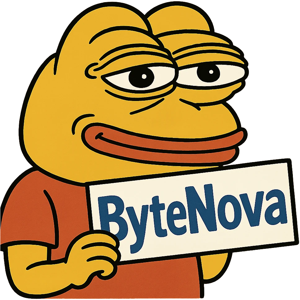 yellow Pepe the Frog meme holding 'ByteNova' text, humorous and expressive style emoji