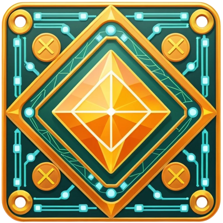 Futuristic reward points icon with PFD in the middle, diamond or hexagon shape, circuit board lines, Bloomberg terminal aesthetic, gold orange phosphor glow on dark background, minimalist geometric, no text, fintech style, clean edges, professional icon design emoji