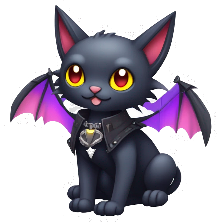  cool edgy kawaii ethereal dark-punk-themed animal vampiric cat-hybrid Fakemon with fangs and bat-wing-ears with a collar full body emoji