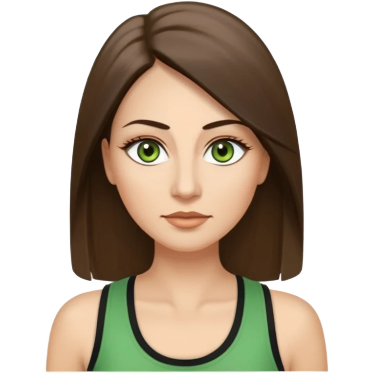 43 year old Adult woman avatar, light skin tone, long, oval face, long straight ashy brown hair, green almond-shaped eyes with dramatic eyelashes and minimal eyeliner, neutral mouth, medium straight eyebrows, average nose, smooth skin, high-neck tank top  emoji