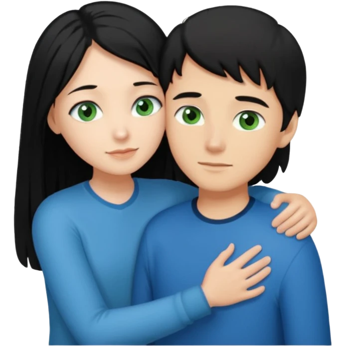 Make a couple hugging the girl is white with long black hair with blue eyes. The girl is hugging a boy with light brown short hair with green eyes. emoji