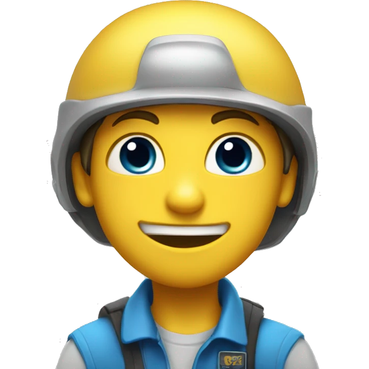 Boy with buck teeth, a blue helmet, blue eyes, a pencil in his nose, and a yellow shirt that say Jeffy emoji