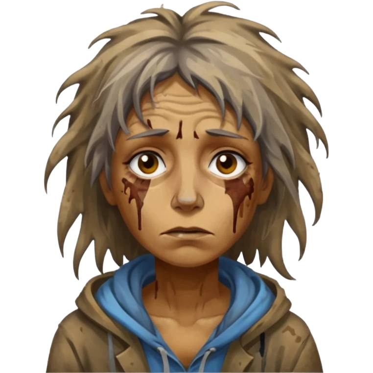very dirty looking homeless woman very very dirty and smelly looking face only, not old with stains everywhere and messy hair and lots of stains on face ugly emoji