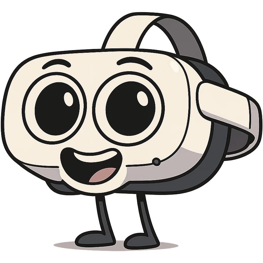 cartoon style Meta Quest 2 headset with exaggerated features, big lenses, white and black color scheme, fun and approachable emoji