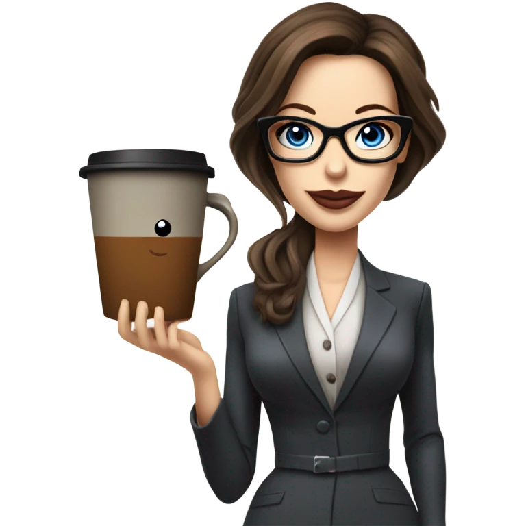 Realistic Kate Beckinsale blue eyes wearing glasses in a business dress drinking a cup of tea  emoji
