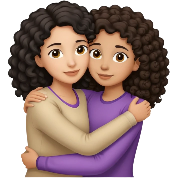 Hispanic mother with curly black hair hugging daughter with straight brown hair hugging emoji