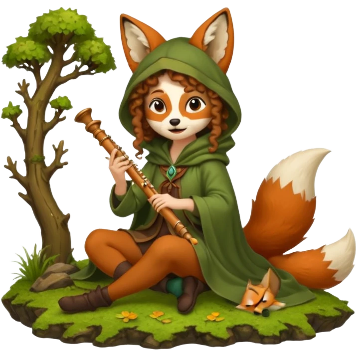 forest sticker character, woman with curly brown hair dressed as fox bard, tail cloak and ear hood, sitting on moss playing flute emoji