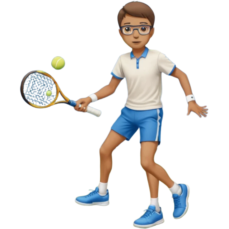 homme l'air cool taille moyenne corpulence maigre cheveux chatain court yeux bleus lunettes photo de pieds en pantalon qui fait du tennis emoji