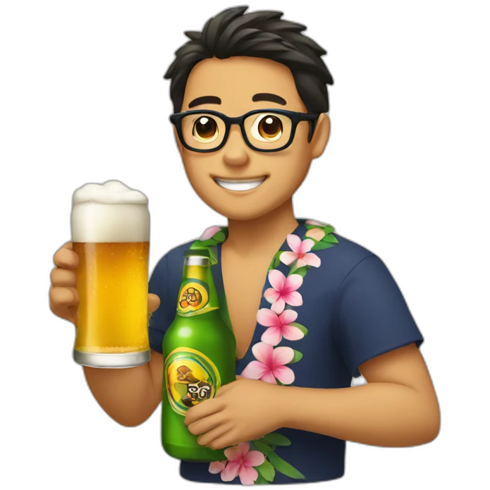 Japanese wearing glasses alohashirt is holding beer emoji