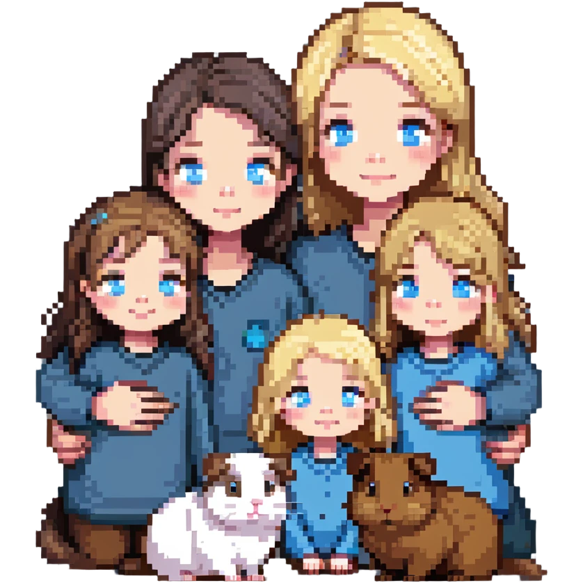 Family portrait with father with dark brown hair and blue eyes, mother with light brown hair and blue eyes, three blonde little girls with blue eyes, plus a grey cat and two guinea pigs emoji